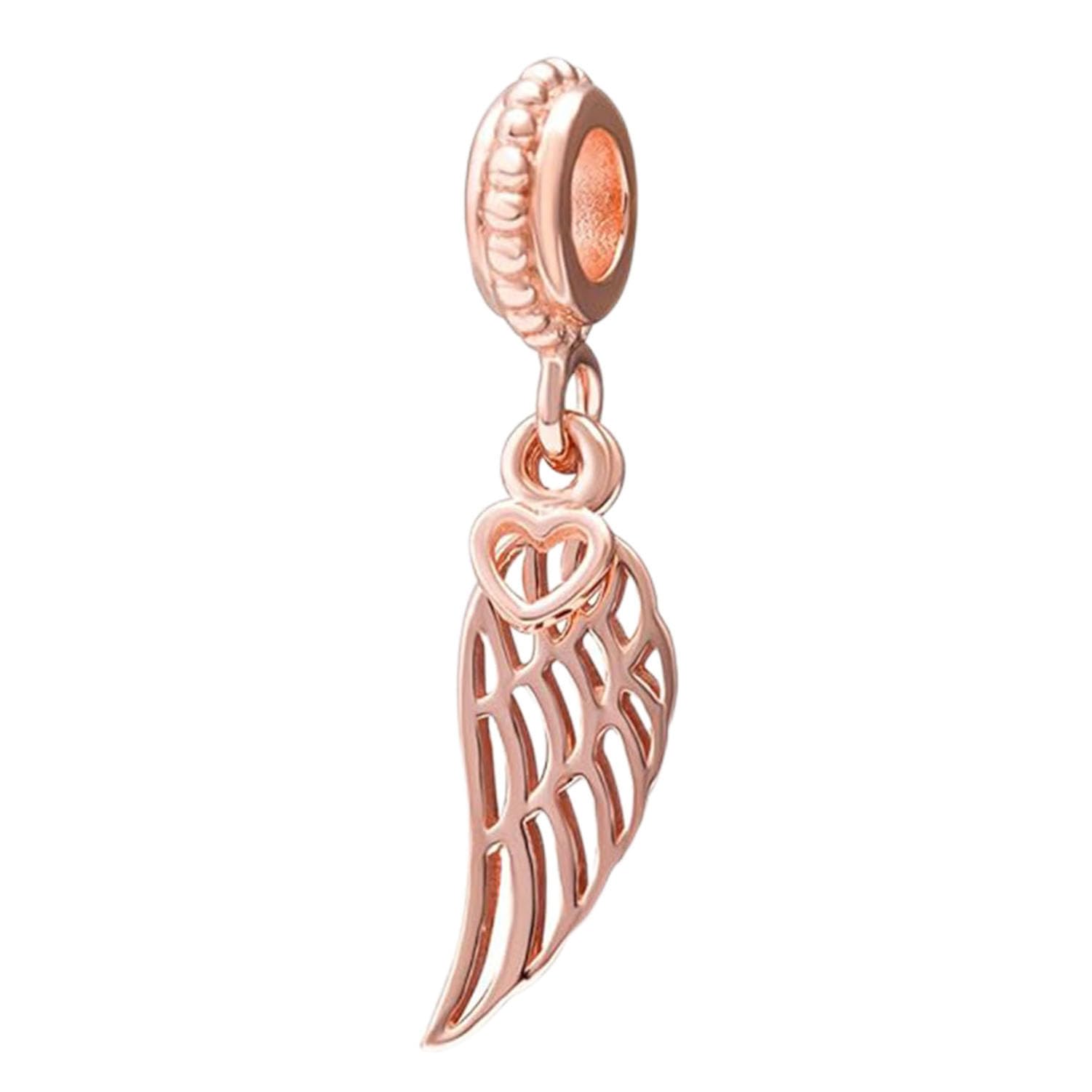 Angel Charm 925 Sterling Silver Wing Charm Feather Charm Love Heart Charm Anniversary Charm for Pandora Charm Bracelet (Rose-Gold palated)