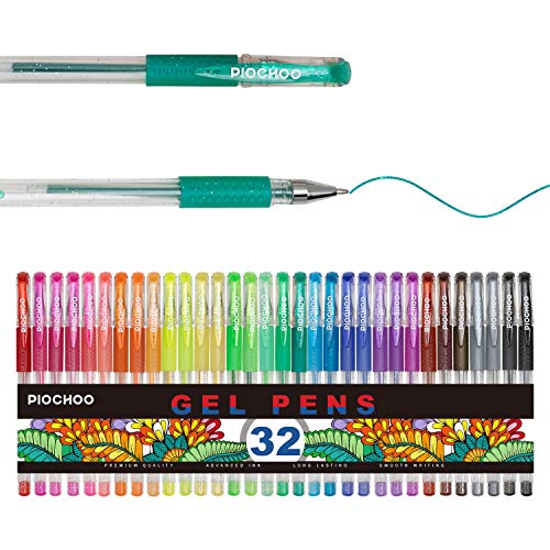 Piochoo Glitter Gel Pens, Colored Gel Glitter Pen 32 Color Set,Fine Point  Glitter Markers,Gel Pens for Kids Ad