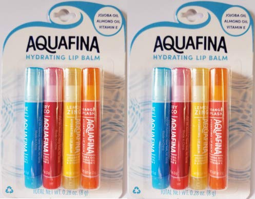 Aquafina Hydrating Lip Balm (2) 4-Packs, Jojoba & Almond Oils, VIT. E, New Flavors (Lemon Zing, Orange Splash, Berry Loco, Pure Original) Total of 8 Sticks Lip Ointment Healing Therapy for Lips
