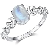 Angol Genuine Moonstone Ring Sterling Silver Moon Phase Ring Oval Moonstone Cubic Zirconia Statement Band Finger Minimalist Ring for Women with Gift Box（Silver）
