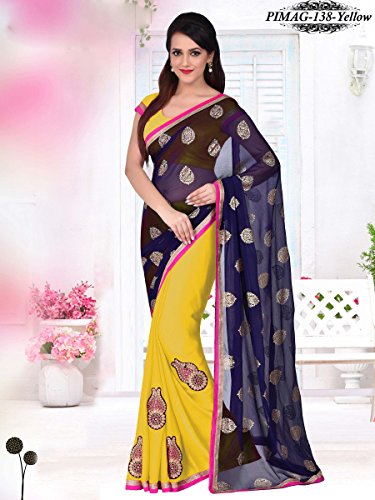 Shonaya Women's Patch & Butti Work Satin Chiffon Yellow Half & Half Saree With Unstitched Blouse Piece - Image 3