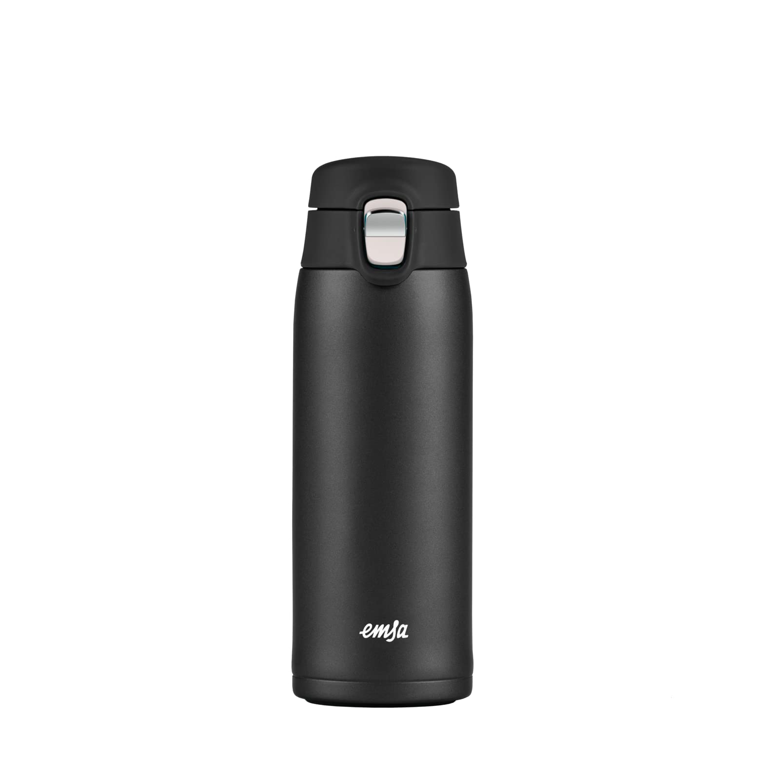 Emsa N21517 Travel Mug Light Isolierbecher | Fassungsvermögen: 0,4 L | extra-schlankes Format | Leichtgewicht | Edelstahl | Klappverschlusssystem | 100% dicht | 8h heiß/16h kalt | BPA-Frei | Schwarz