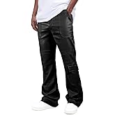 GINGTTO Mens Faux Leather Cargo Pants Flared Bell Bottoms with Pockets for Men 70s Party Pants