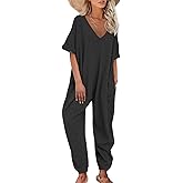 Nirovien Womens Short Sleeve Jumpsuits Casual V Neck Long Rompers Beam Foot Baggy Jumpers Summer Outfits