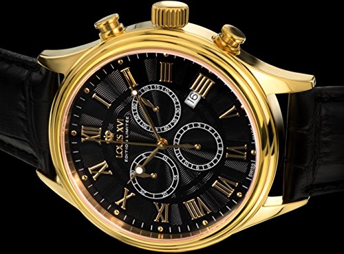 LOUIS-XVI-Herren-Armbanduhr-Danton-Gold-Schwarz-Rmische-Zahlen-Chronograph-Analog-Quarz-echtes-Leder-Schwarz-470