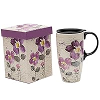 Topadorn Tall Ceramic Travel Mug 17 oz. Coffee Cups Sealed Lid With Gift Box (Purple Flower)