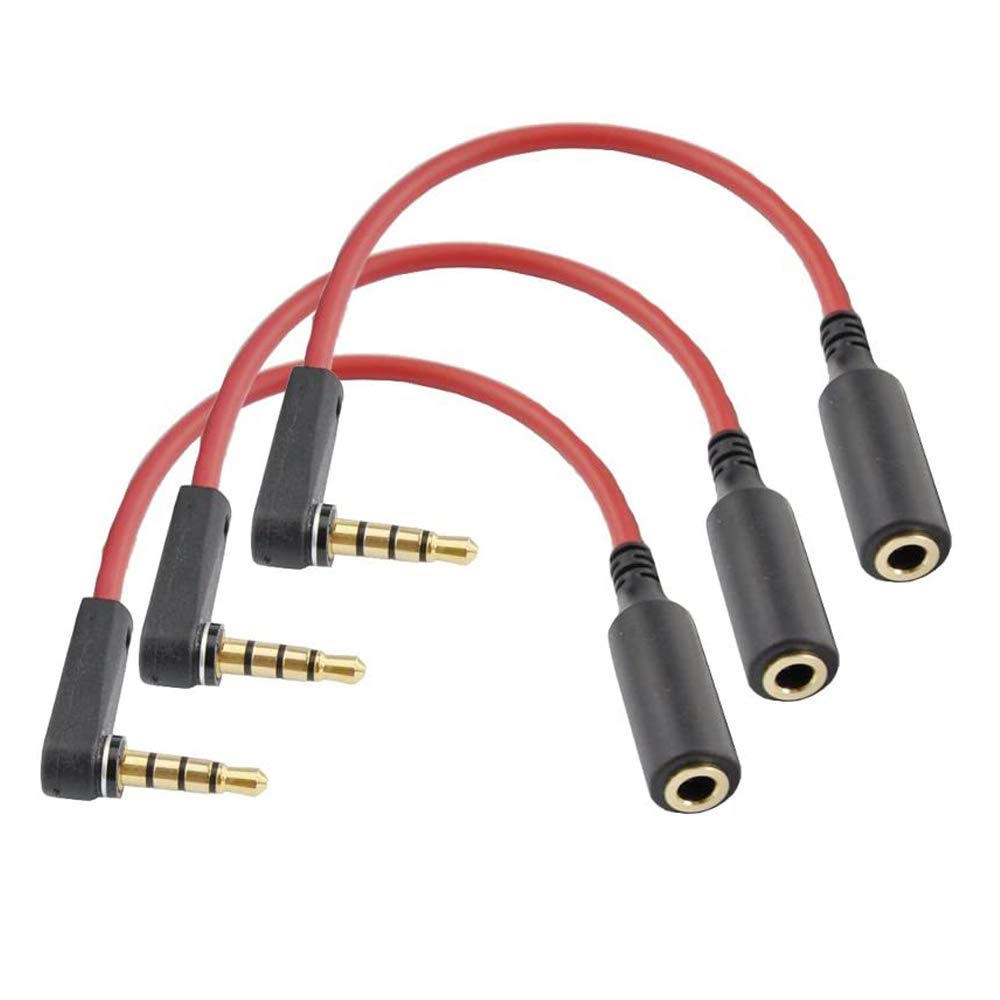 LiKuCo 3Pack 6 inch 4-Pole 3.5mm Male Right Angle to 3.5mm Female Stereo Audio Cable Headset Extension Cable,M to F Audio Cable (3Pack Red)