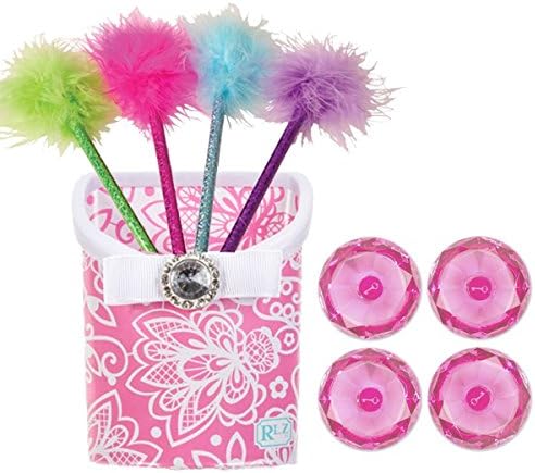 Locker Accessories Set - RoomLookz Flower Bin and Matching Gem Magnets (4) and 4 Maribou Fluffy Feather Pens (Pink)
