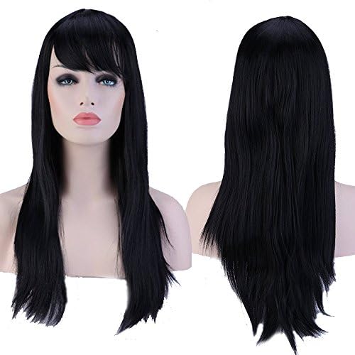 UltiSmart(TM) Full Head Wigs 60cm Long Straight Fashion Natural Black Hair Wig with Oblique Bangs for Women High Heat Resistant TW067