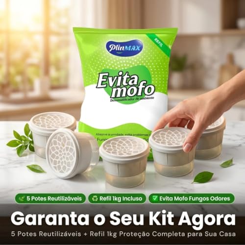 Kit Antimofo Evita Mofo Antiumidade | Refil 1Kg + 5 Potes Reutilizáveis para Guarda-roupas e Gavetas