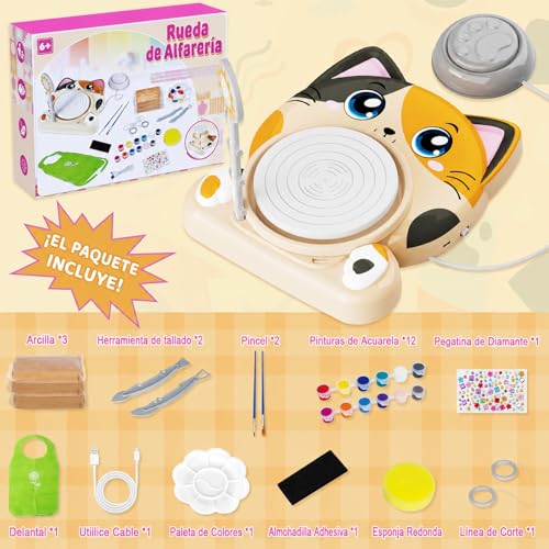Pottery Lathe for Kids, Complete Ceramic Lathe Set for Beginners, Creative Craft Kit 6+ Years with 3 x Air Drying Clay, Pottery Kit, Gift for Boys and Girls (Cat Motif)