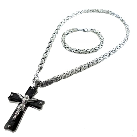 flevado Massives Königsketten Set Edelstahl Kreuz schwarz silber Kette mit Armband/Achtung Kreuz ist auch nur noch in Silbern