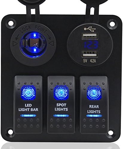 Switch Panel, FABOOD 3 Gang Waterproof Rocker Switches Panel with DC12V/24V Power Charger Socket (Cigarette Lighter Socket) / 4.2A Dual USB and 3 LED Lights Switchs for Marine Boat Car RV