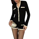 Knit 2 Piece Sets for Women V Neck Cardigan with Gold Buttons High Waisted Shorts Outfit Date Night Casual Wear