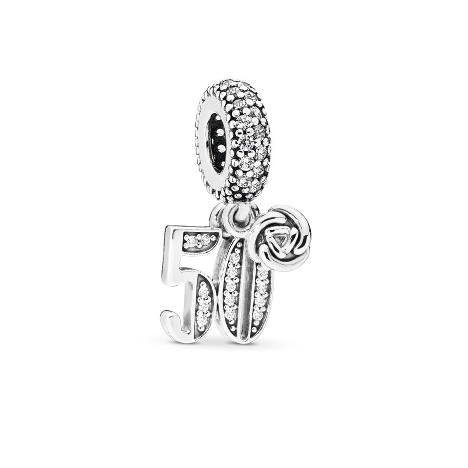FGT 50 Rose Flower Birthday Celebration Number Charm fits Pandora Charms Bracelets Gift for Women Wife Mother Mum Grandma Sterling Silver