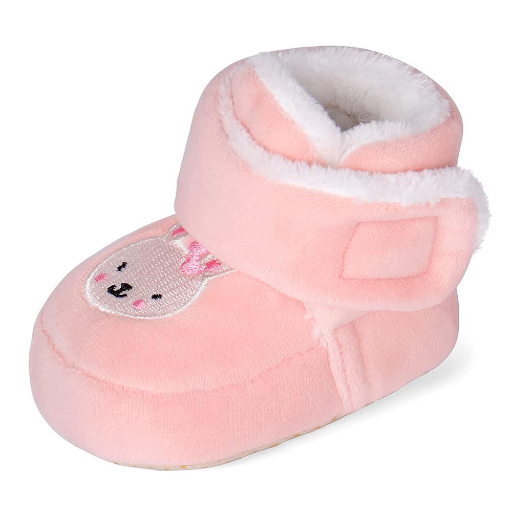 Matt Keely Baby Boys Girls Cartoon Anti Slip Soft Sole Thick Slipper Booties Infant Crib Shoes for Toddler Crawler Winter Boots with Plush Lining 0-6 Months Pink