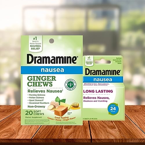 Dramamine Ginger Chews, Nausea Relief Soft Chews LemonHoneyGinger, 20