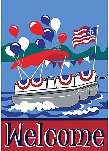 Welcome Patriotic Pontoon Boat 18 x 13 Rectangular Double Applique Small Garden Flag