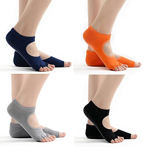 Yoga Low Rise Socks Non-Slip Skid Full Toe Breathable 4 Pack with Free Yoga Toes for Ballet, Yoga, Pilates, Barre Toe Socks (4 Pack)