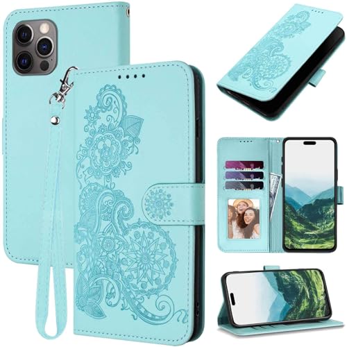 JHWVVTF for iPhone 14 Pro Case Wallet, Cute Floral Pattern Leather for Women Girl, Card Holder Kickstand Flip Cases, Wrist Strap, Magnetic Closure, Shockproof Protective Cover (Teal)