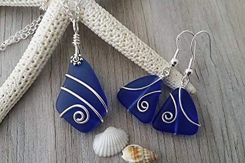 yinahawaiiYInahawaii Handmade wire wrapped cobalt blue sea glass Necklace+Earrings Set, "September Birthstone ", (Hawaii Gift Wrapped, Customizable Gift Message)