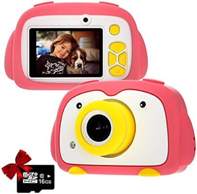 Kids Camera Pannovo Digital Cam For Girls Rechargeable Video Recorder Cartoon Shockproof Silicone Case With 16gb Sd Card 12mp Hd 1080p 2 Inch Screen For 3 12 Year Old Boys Toddler Pink