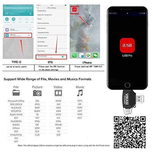 VIKASI SD Card Reader,Memory Micro SD Card Reader USB Type C Adapter Viewer Compatible with iPhone iPad Android Mac - with Lightning Micro USB Type C 4 in 1 (Black) - Thumbnail 6