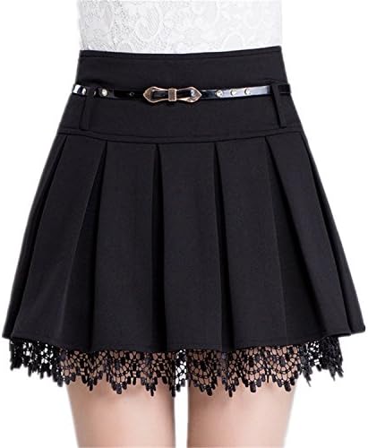 NeiNei Korean Skirts Spring and Autumn High-Waisted Tutu Pleated A Word Skirt Leggings Skirt Lace Skirt Black M/27