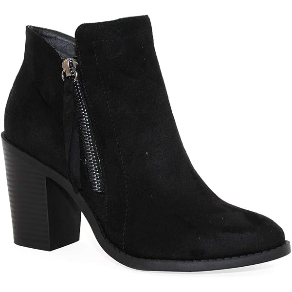Shoe Land Women's Ellaire Ankle Bootie - Chunky Low Heel, Almond Toe, Zipper Closure, Vegan Suede (Taupe, Black, Tan) - View #5