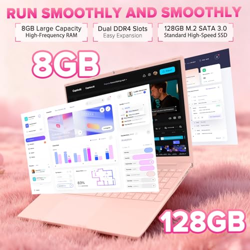 Auusda Lightweight Portable Pink Laptop, Win 11 Pro, 4-Core Processor,15.6" FHD IPS, Backlit Keyboard, Privacy Camera, Fingerprint Reader, USB 3.0, HDMI, for Business Work Study, 8GB RAM 128GB SSD | Backlit Keyboard, Fingerprint Sensor, USB 3.0*2, 6000mAh, Ideal for Student & Business