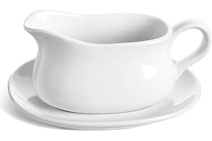 PALAIS ESSENTIALS Gravy Boat & Saucer, 15 oz, Ceramic Serving Dish, Dispenser with Tray for Sauces, Dressings and Creamer, Large Handle, Microwave and Dishwasher Safe (White)