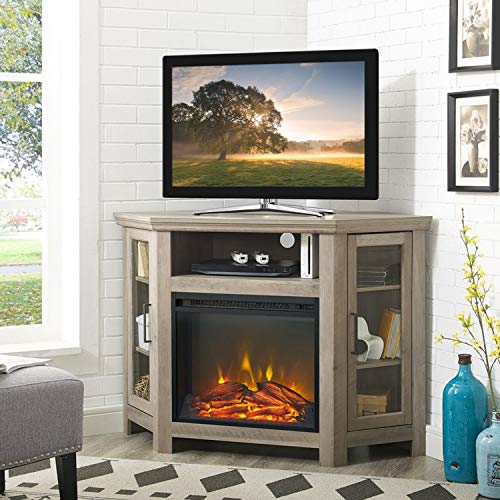 Corner Fireplace TV Stand, Electric Fireplace Heater Entertainment Center for TV to 50'', Contemporary Firebox Cabinet,Storage Shelves,Glass Doors, 4400 BTUs,400 Sq Ft Capacity (Gray Wash)