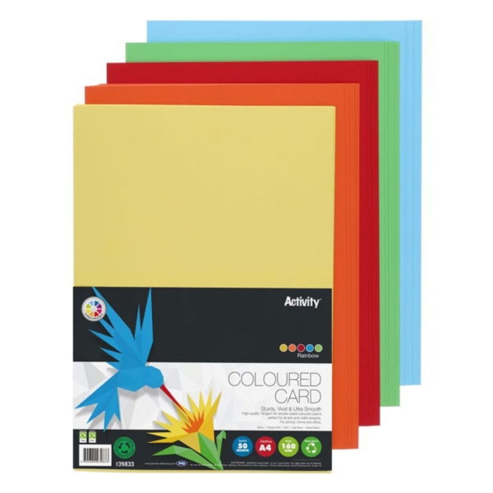 Premier Activity A4 160gsm Card – 50 Sheets in Rainbow Colours