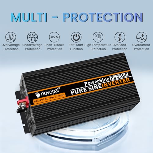 Novopal -2500W 5000W Pure Sine Wave Inverter Power Transformer Converter - DC 12V to AC 220V 230V 240V Voltage Inverter - 2 EU Socket with USB Output - 5 Meters Remote Control
