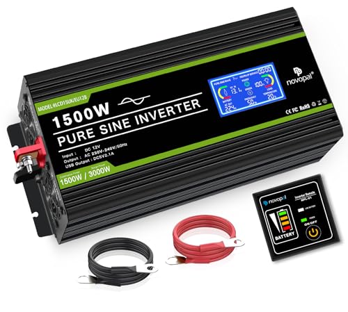 Novopal 1500W Pure Sine Wave Inverter DC 12 V in AC 220 V with Intelligent LCD Display, 5 m Remote Control and Two Cooling Fans, Suitable for Family, Camping, Traveling