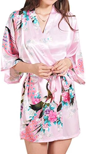 Asherbaby Women's Kimono Short Robes Peacock &amp; Blossoms Silk Chemise Bathrobe Pink US XS=Tag S