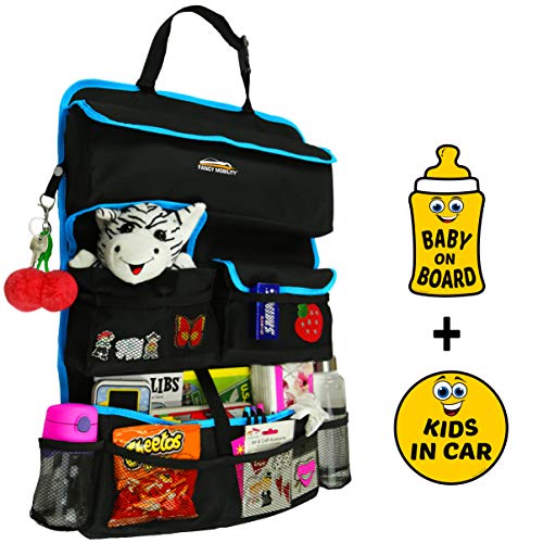 Fancy Mobility Large Car Backseat Organizer - Baby Accessories, Kids Toys & Travel Essentials Holder - Great Storage Bag for Road Trips - Perfect Baby Shower Gift - Large Size 17x 25"