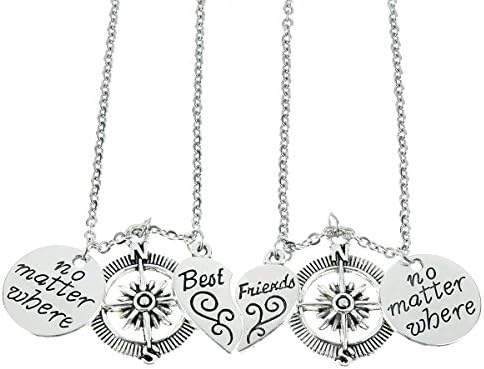 BBF No Matter Where Compass Necklaces Set Heart , Best Friend Necklaces 2 Piece Half Broken Heart Necklace (cloud)