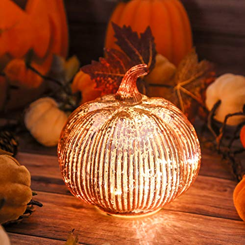 Hvfun Rosegold Thanksgiving Decorative Artificial Pumpkins-Mercury Glass Light up Pumpkin with Timer- Table Centerpieces for Home Decor