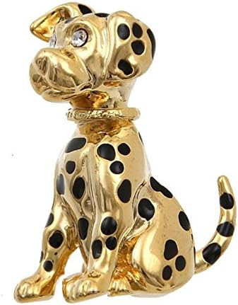 Vintage Style Retro Black Enamel Clear Crystal Eyed Dalmatian Puppy Dog Animal Pin, 1.75" By 2"