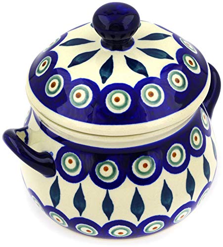 Polish Pottery 16 oz Bouillon Cup with Lid (Peacock Leaves Theme) + Certificate of Authenticity
