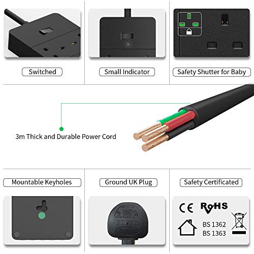 3m Extension Lead with Superior Surge Protection, Wall Mounted