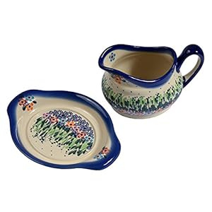 Traditional Polish Pottery, Handcrafted Ceramic Gravy Sauce Boat and Tray (630ml), Boleslawiec Style Pattern, S.301.Daisy