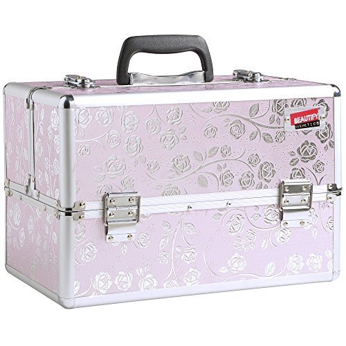 Beautify Professional Aluminum Large 14" Beauty Cosmetics & Makeup Train Case with Lock (Pink Rose)