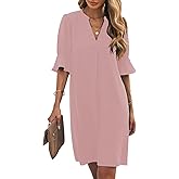Wkior Shift Dress for Women V Neck Short Sleeves Solid Color Casual Flowy Summer Dresses(S-2XL)
