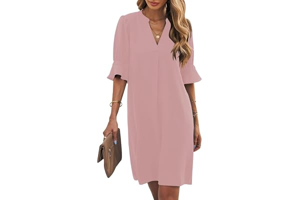 Wkior Shift Dress for Women V Neck Short Sleeves Solid Color Flowy Casual Summer Dresses(S-2XL)