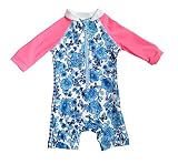 BONVERANO Kids UPF 50+ Sun Protection L/S One Piece Zip Sun Suit with Sun Hat (3-6 Months, Blue/White)