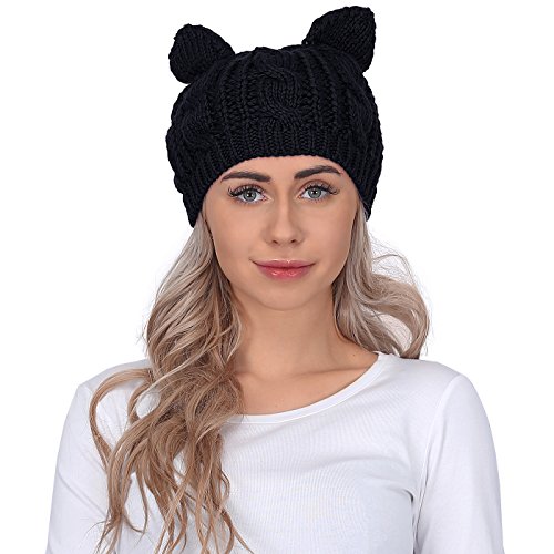 HDE Women's Knit Beanie Cat Ear Crochet Braided Winter Ski Hat Knitted Cap