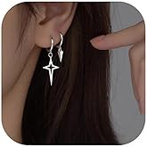 Silver Drop Dangle Earrings for Women Cross Asymmetrical Simple Huggie Hoop | Tiny Star Trendy Unique Fashion Jewelry Birthday Gifts