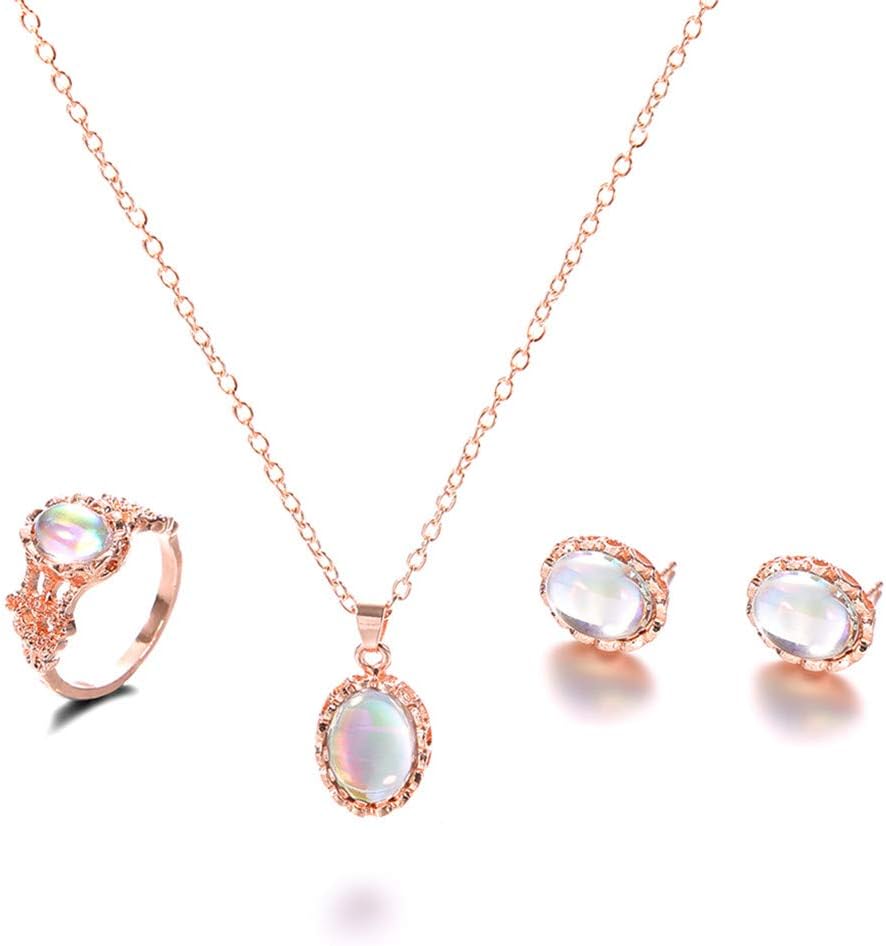 hengxingwf Jewelry Set Simple Colored Gemstone Exquisite Ring/Necklace/Stud Earrings Vintage Jewelry Set